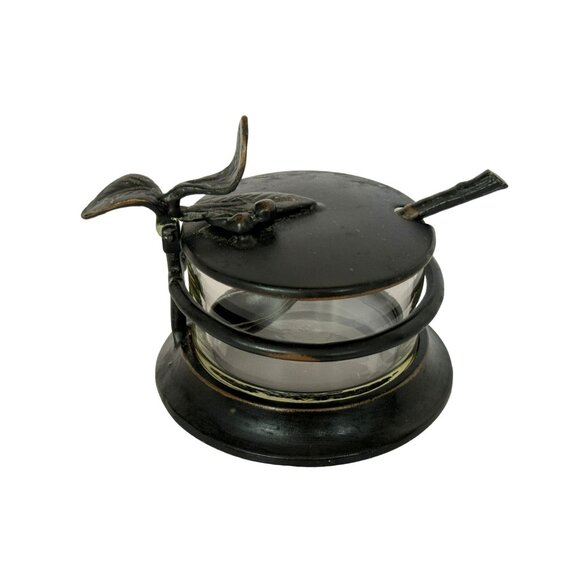 Vintage Metal & Glass Sugar Jam Condiment Jar with Leaf & Berry Lid & Spoon - Picture 12 of 12